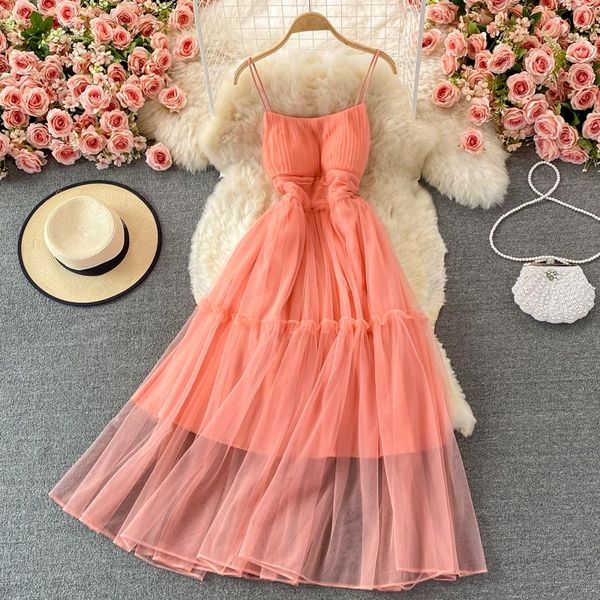 

casual dresses sweet mesh strap dress women french sleeveless a-line party summer off shoulder vacation beach sundress, Black;gray