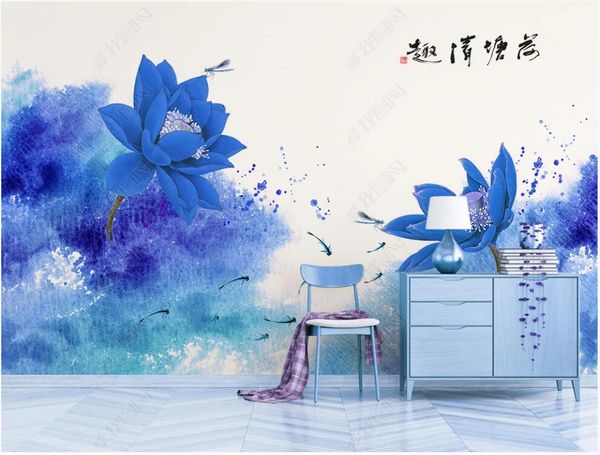 

3d wallpaper custom p mural chinese ink blue lotus flower living room home decor 3d wall murals wallpaper for walls 3 d