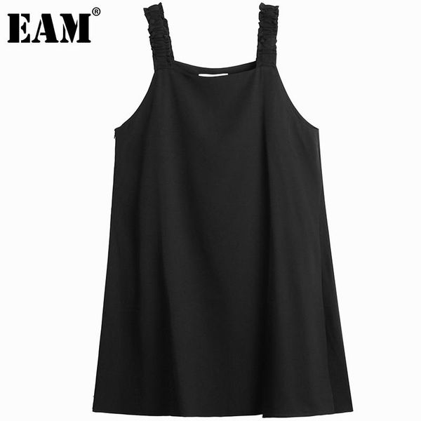 

casual dresses [eam] women black ruffles long big size strap dress square collar sleeveless loose fit fashion spring summer 2021 1dd9498, Black;gray