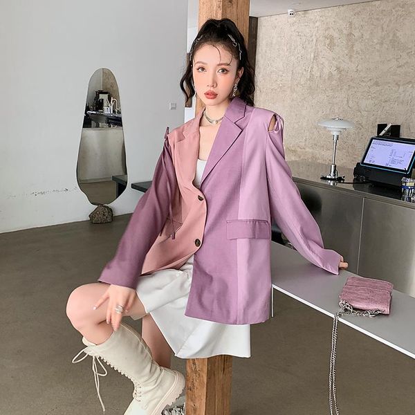 

women's suits & blazers purple spliced off the shoulder korean style women blazer jacket spring autumn female streetwear loose casual s, White;black