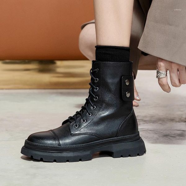 

boots genuine cow leather thick-soled short british style side zipper round toe flat ankle1, Black
