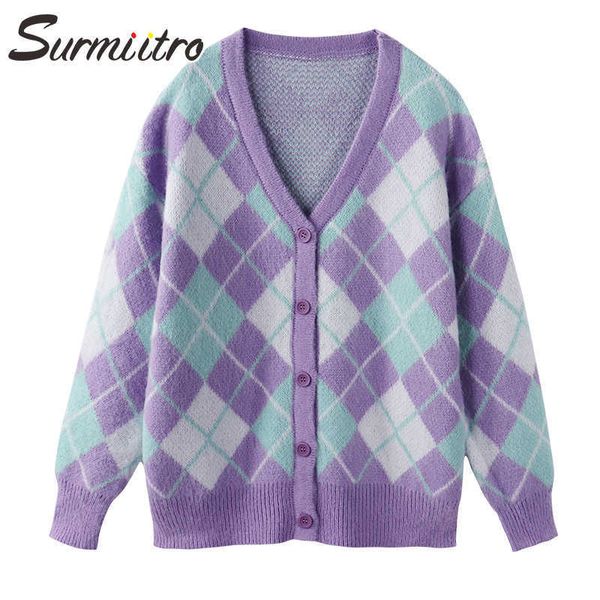 

surmiitro oversized cardigan women autumn winter korean style plaid long sleeve sweater female knitted jacket coat knitwear 210712, White;black