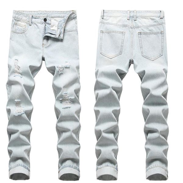 

men's jeans trousers straight motorcycle ripped light white blue slim fit