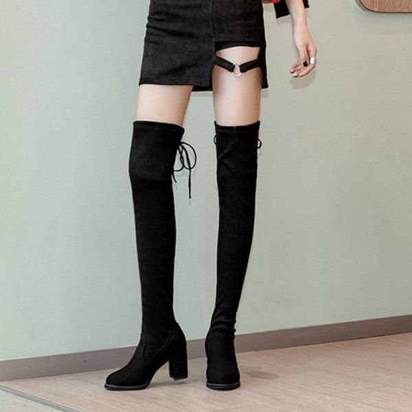 

boots 2021 women high thick heel fashion lady cross-tied stretch warm plush shoes over-the-knee long, Black