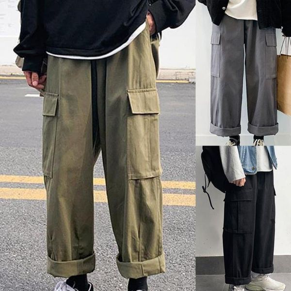 

men's pants fashion loose straight wide leg men streetwear hip-hop pocket cargo mens trousers, Black