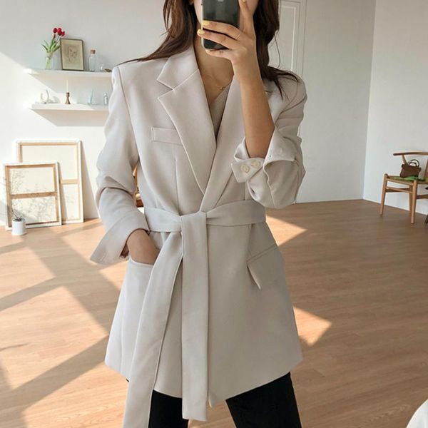 

elegant notched collar lace up women blazer casual slim waist office ladies jacket blazer solid 2021 spring summer, White;black