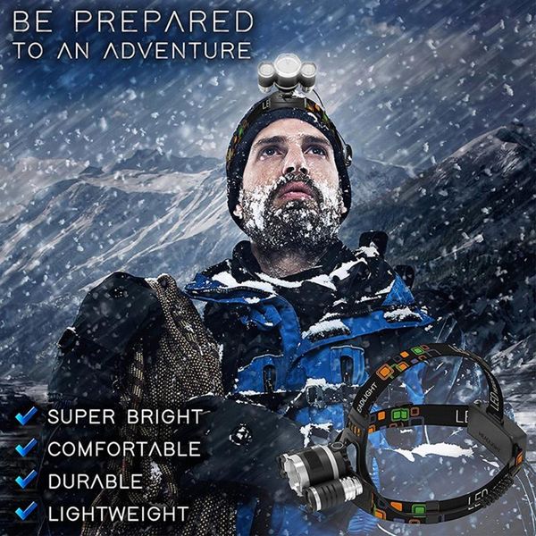

40000 lums ultra bright headlamp 3*t6+1*led led headlight 4 mode head lamp rechargeable forehead light use 2*18650 battery