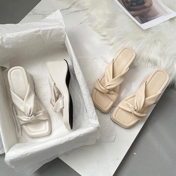 

slippers dxfan 2021 summer beach chunky heel knotted sandals women wedges square open toe elegant platform slides, Black
