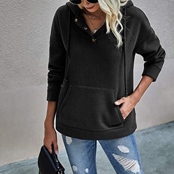 

women's hoodies & sweatshirts women sweatshirt solid pullover long sleeve drawstring with pocket 2021 oversize ladies pullovers, Black