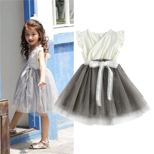 

girl's dresses kids princess dress girls v-neck sleeve one-piece children summer mesh lace splice bubble for 3-10y, Red;yellow