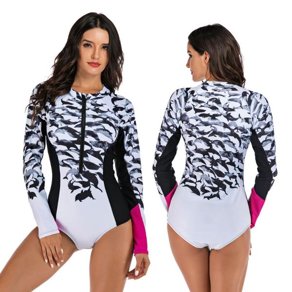 

one-piece suits women patchwork printed rash guard long sleeve zip front one piece swimwear swimsuit sun uv protection bathing suit surfing
