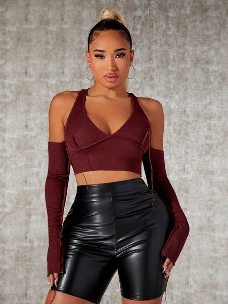 

sxy cold shoulder tape detail crop l4cs#, White