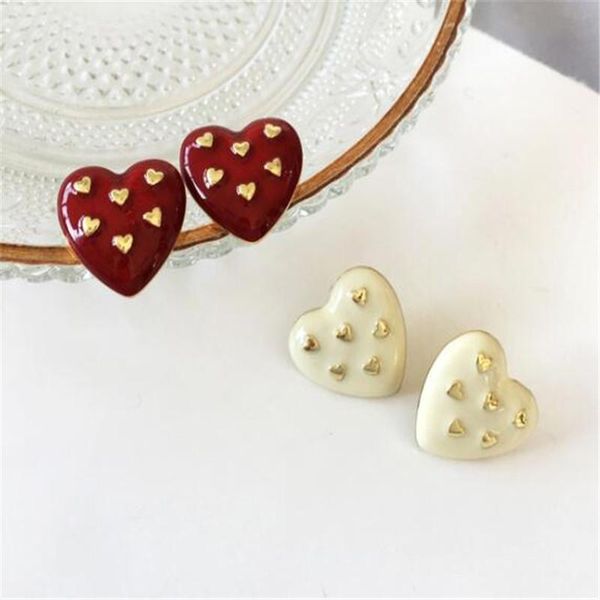 

stud simple sweet girl heart shape earrings white and red resin for women friends gathering female jewelry, Golden;silver
