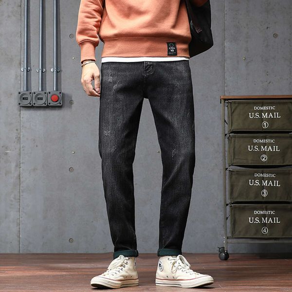 

ins autumn high end fashion brand black jeans men's slim small feet korean trend elastic versatile pants, Blue