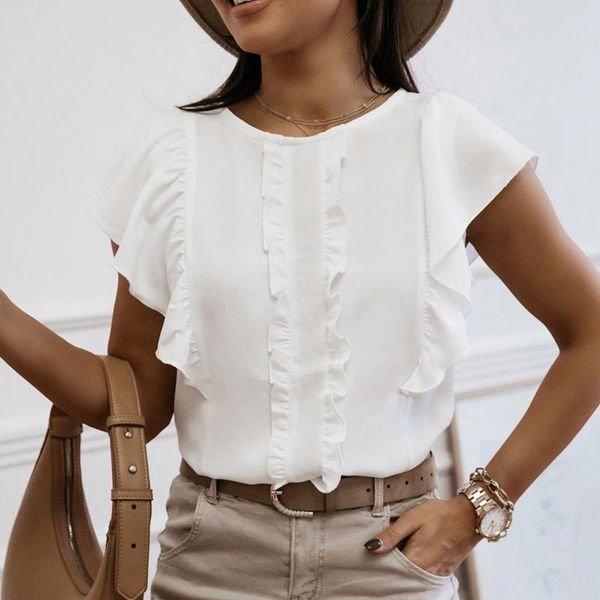 

women blouse 2021 summer o-neck short sleeve ruffles patchwork solid shirt vintage loose blouse ladies back button pullover, White