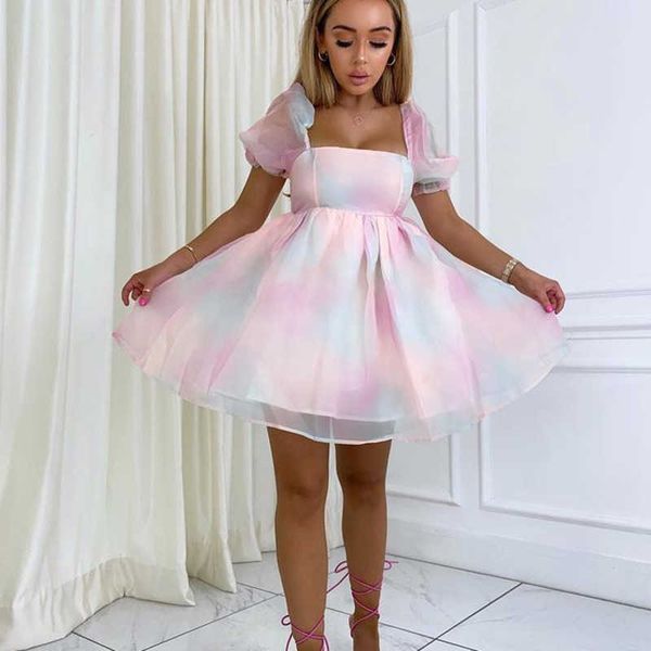 

fabpop short puff sleeve square collar high waist pink tie dye rainbow polly pastel mesh organza dress women gb924 210709, Black;gray
