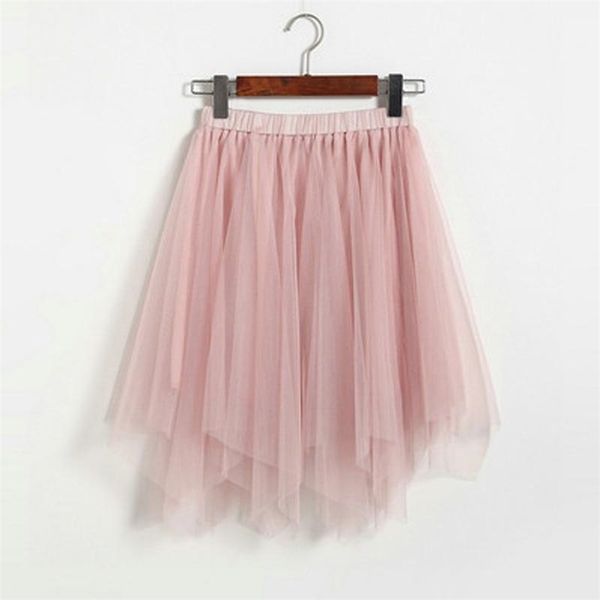 

summer women fashion irregular double-layer mesh cake short skirt simple pure color high waist tutu 210527, Black