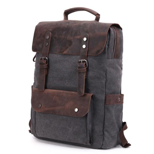 

backpack waterproof canvas vintage men large travel rucksack lapbag real cow leather bagpack college students school bookbag