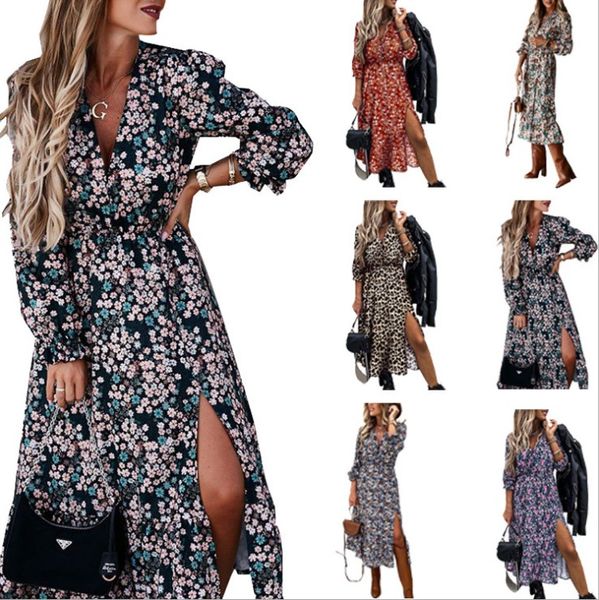 

floral autumn dress women maxi v neck boho long sleeve woman split button casual party dresses for women vestidos, Black;gray