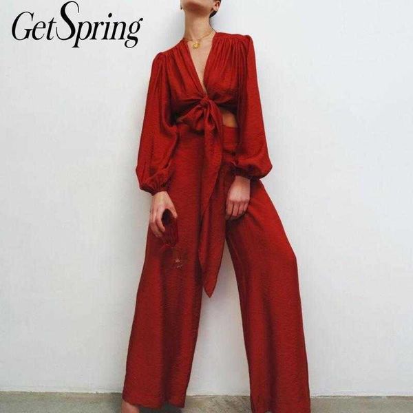 

getspring women set blouse pants sets bandage lantern sleeve v-neck short shirt long wide leg vintage 210601, White