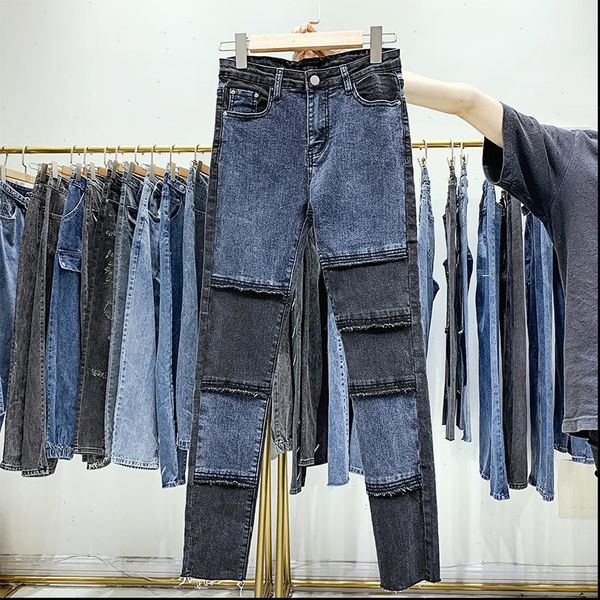

[ewq]korean fashion ladies stitching long ladies denim trousers leisure women pencil pants high waist patchwork trousers ql104, Blue