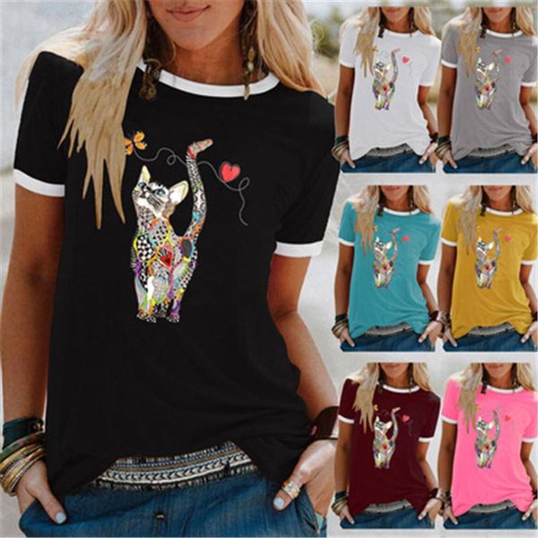 

women's t-shirt 2021 women funny color cat print summer short sleeve loose female pullover casual cotton, White