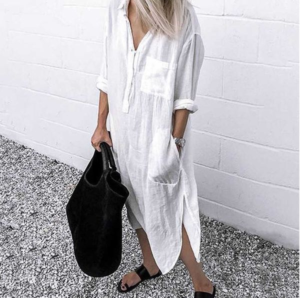 

women long sleeve shirt dress 2021 autumn elegant lapel button up split dresses solid color loose work office dress tunic robe y1006, Black;gray