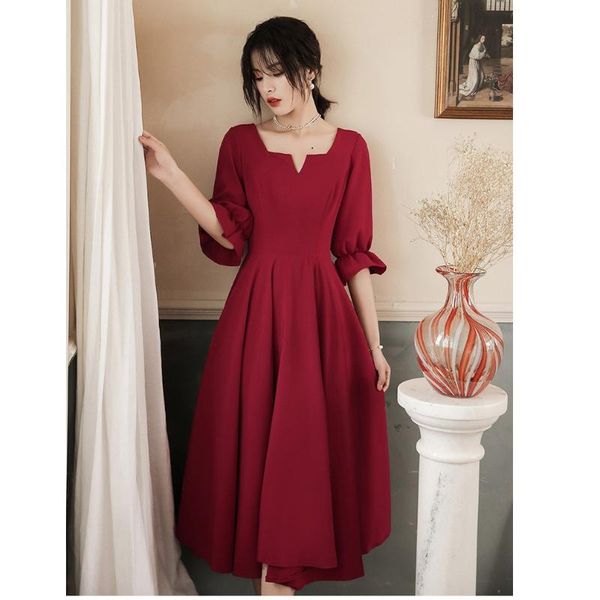 

ethnic clothing lady burgundy puff sleeve evening party dress square collar celebrity banquet gown a-line vestidos de festa big size 3x, Red
