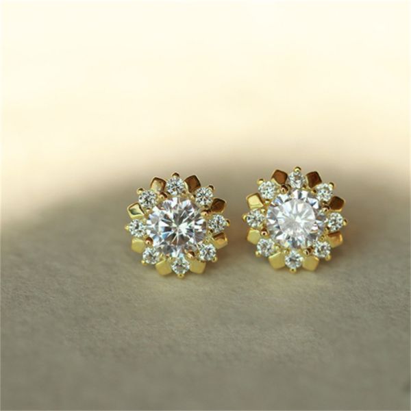 

cute flower lab diamond stud earring real 925 sterling silver jewelry engagement wedding earrings for women bridal party gift, Golden;silver