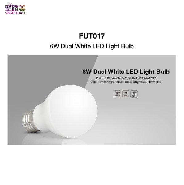 

bulbs fut017 6w dual white led light bulb 2.4ghz rf controllable, wifi enabled, cct adjustable, brightness dimmable miboxer mi-light