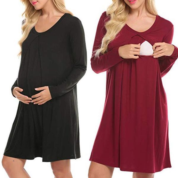 

maternity dresses nursing clothes 2021 autumn winter simple pure color long sleeve pregnant women casual dress, White