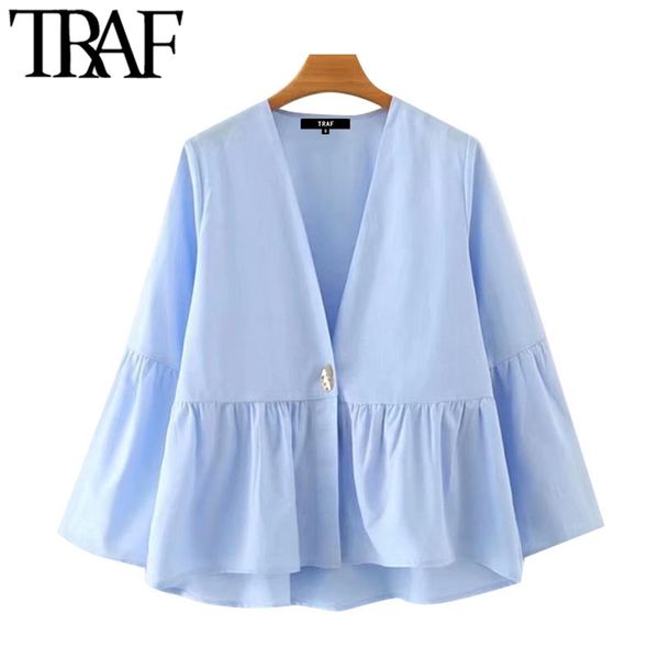 

traf women fashion loose ruffled irregular blouses vintage v neck flare sleeves female shirts blusas chic 210225, White