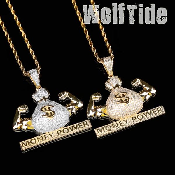 

pendant necklaces fashion iced out us dollar money power necklace copper cuban chain cz cubic zircon men's hip hop rock kalung collar, Silver