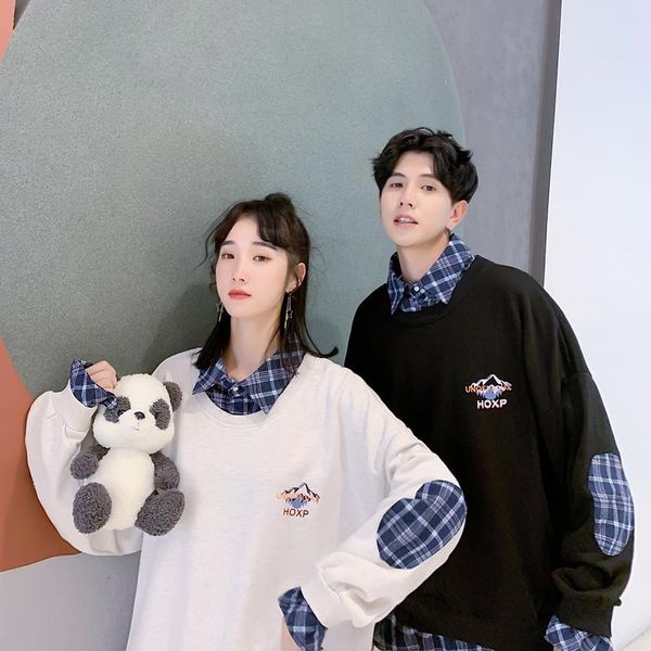 

women's hoodies & sweatshirts matching hoodie plaid with fake neck loose-fitting jackets couples clothes clothing, Black