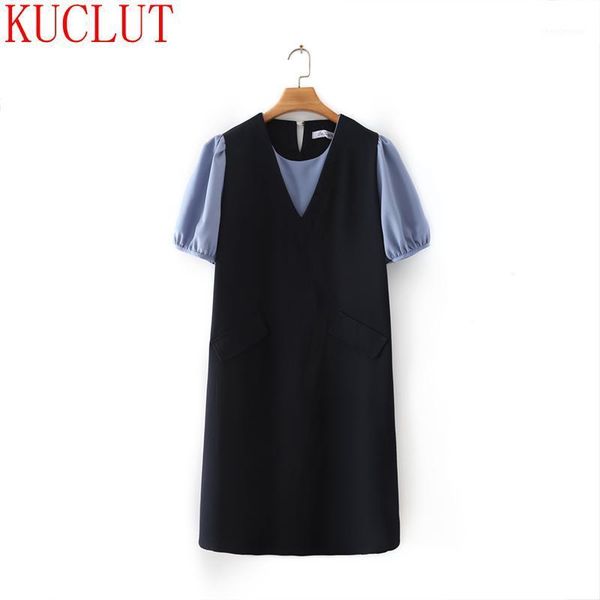 

summer korean large women's long skirt fat mm fashion temperament v-neck color contrast fake two-piece dress men's shirts, White;black