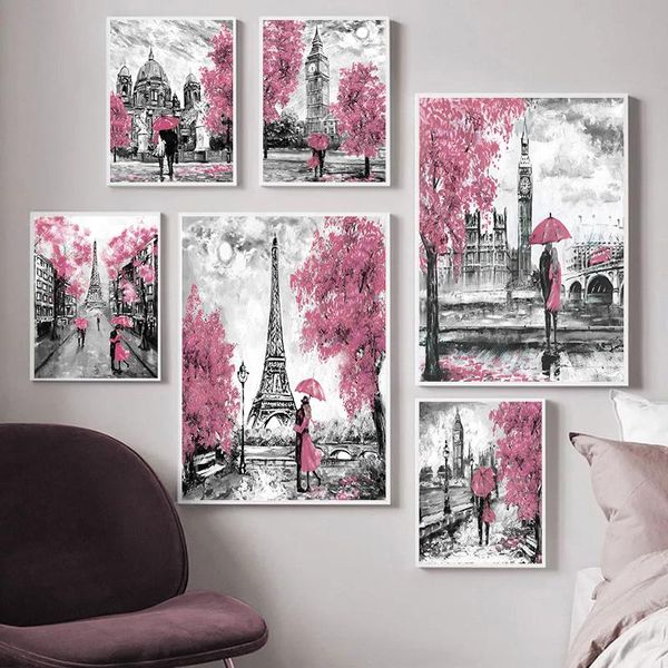 

paintings modern city pink scenery wall art poster print couple umbrella nordic home picture trees canvas painting for living room decor