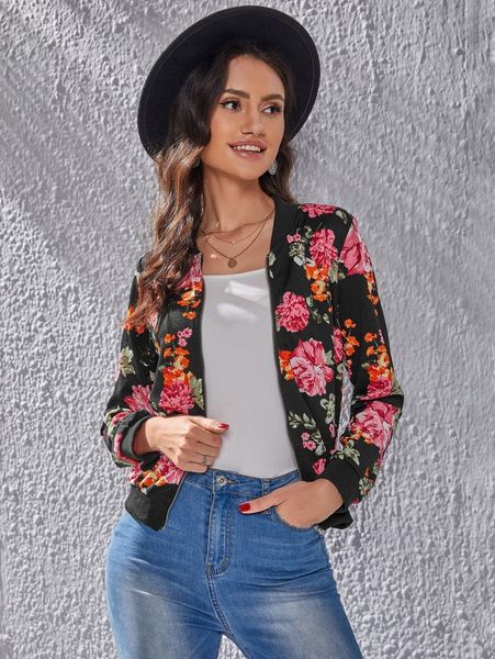 

emery rose floral print zip up bomber jacket o2ue#, Black;brown
