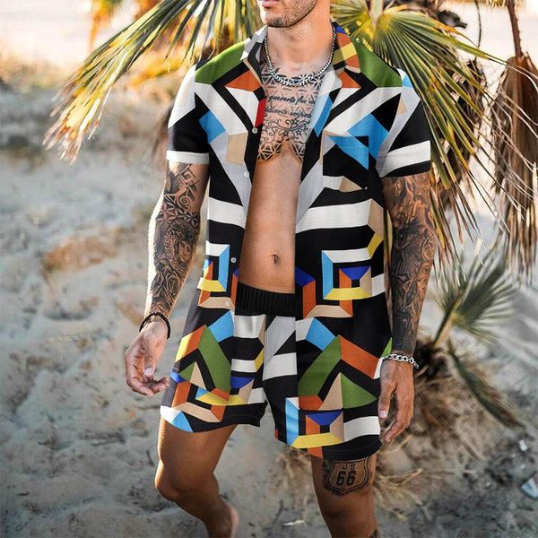 

men's tracksuits beach suit printing short sleeves shirts loose t-shirt suits youth drawstring shorts men two piece set summer, Gray