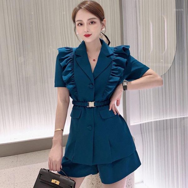 

women's tracksuits chic ruffle shoulder two pieces suits set office lady elegant summer short sleeve single breasted blouse + shorts 20, Gray