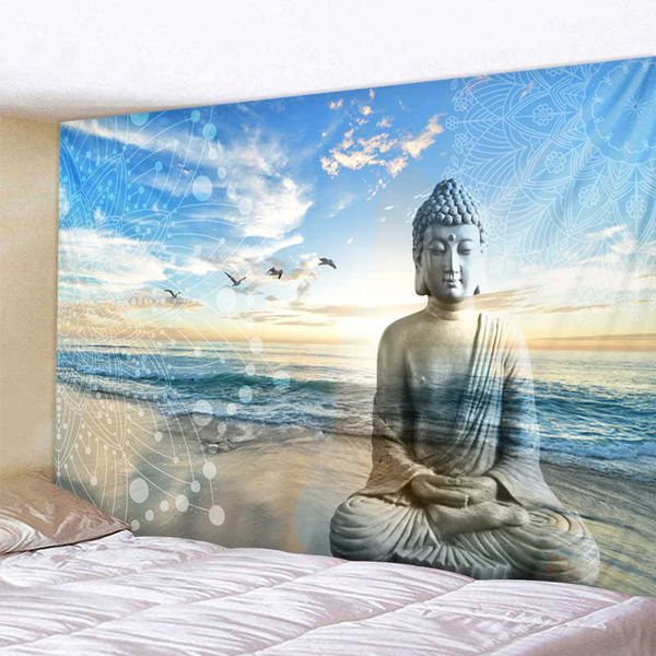 Buddha statue tapeçaria gêmeo hippie hippie pendurado colchas lance capa bohemian praia esteira mesa pano home arte decoração branco 210609