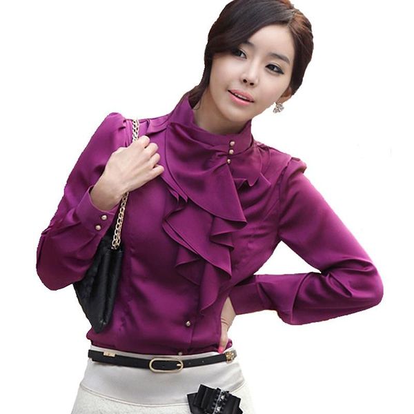 

women's blouses & shirts women white blouse ruffled stand collar female chiffon 2021 autumn long sleeve office ladies elegant