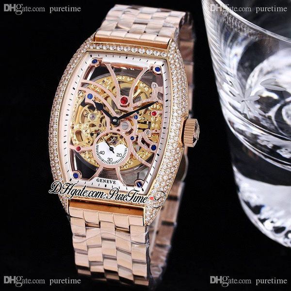 TWF V2 VANGUARD V 45 A21J Автоматические мужские часы 18K Rose Gold Round Cut Diamonds Bezel Скелетные циферблаты из нержавеющей стали Браслет из нержавеющей стали Super Edition Часы PureTime F07F6