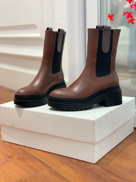 

2022 leather boots ladies short ankle cowskin boot autumn winter chunky heel martin booties fashion camfortable shoes with box size 35-40 -h, Black