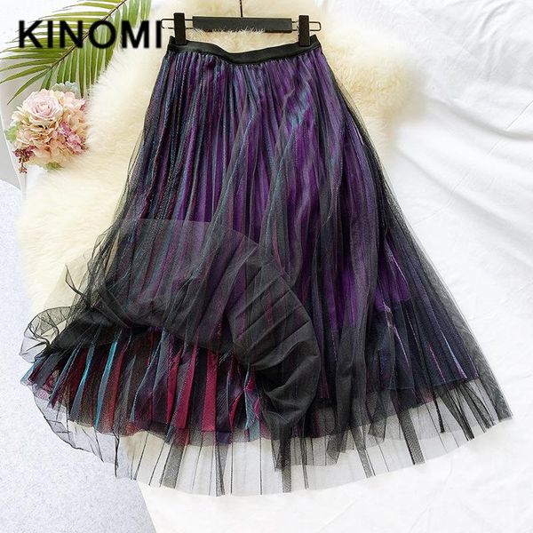 

skirts kinomi 2021 spring summer bling mesh a-line tulle elegant long ladies high waist korean ol style female, Black
