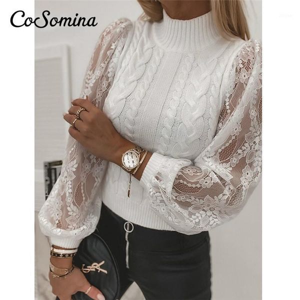 

cosomina elegant lace embroidery women sweater winter pullover knitted patchwork long puff sleeve o neck jumper women's sweaters, White;black