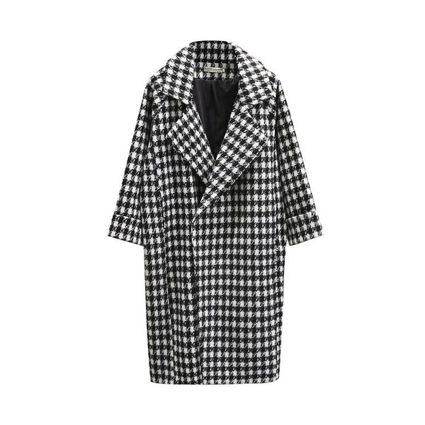 

women's wool & blends 2021 winter coat women jacket houndstooth plaid pockets woolen long coats casual lady slim sleeve outerwear, Black