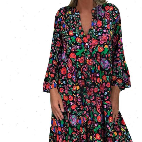 

winter autumn women ladies plus size loose print long sleeve v collar button mini party dress vestidos de verano vestido, Black;gray