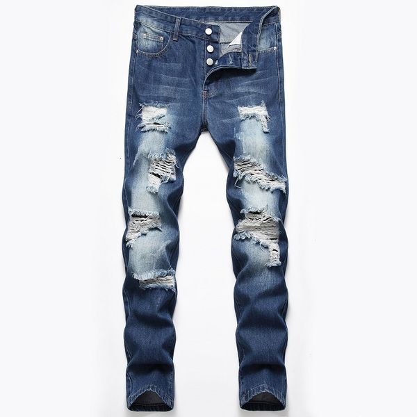 

jeans men's nostalgic blue straight button personality hole street man