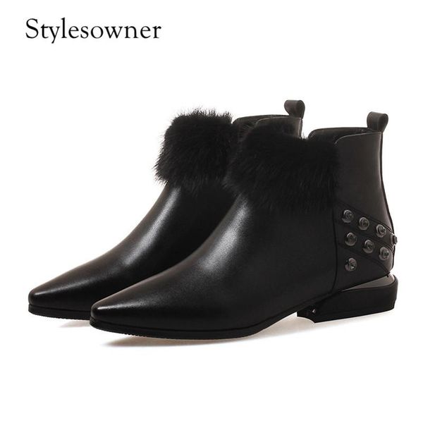 

boots stylesowner 2021 fashion style classic comfort woman short with real fur rivet low heels plush black