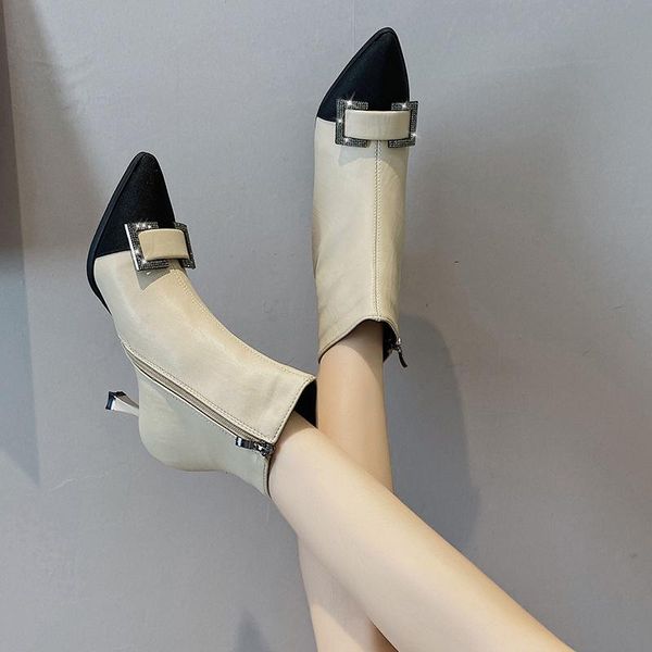 

boots pointed toe women ankle high heels shoes winter crystal buckle stiletto heel short black beige